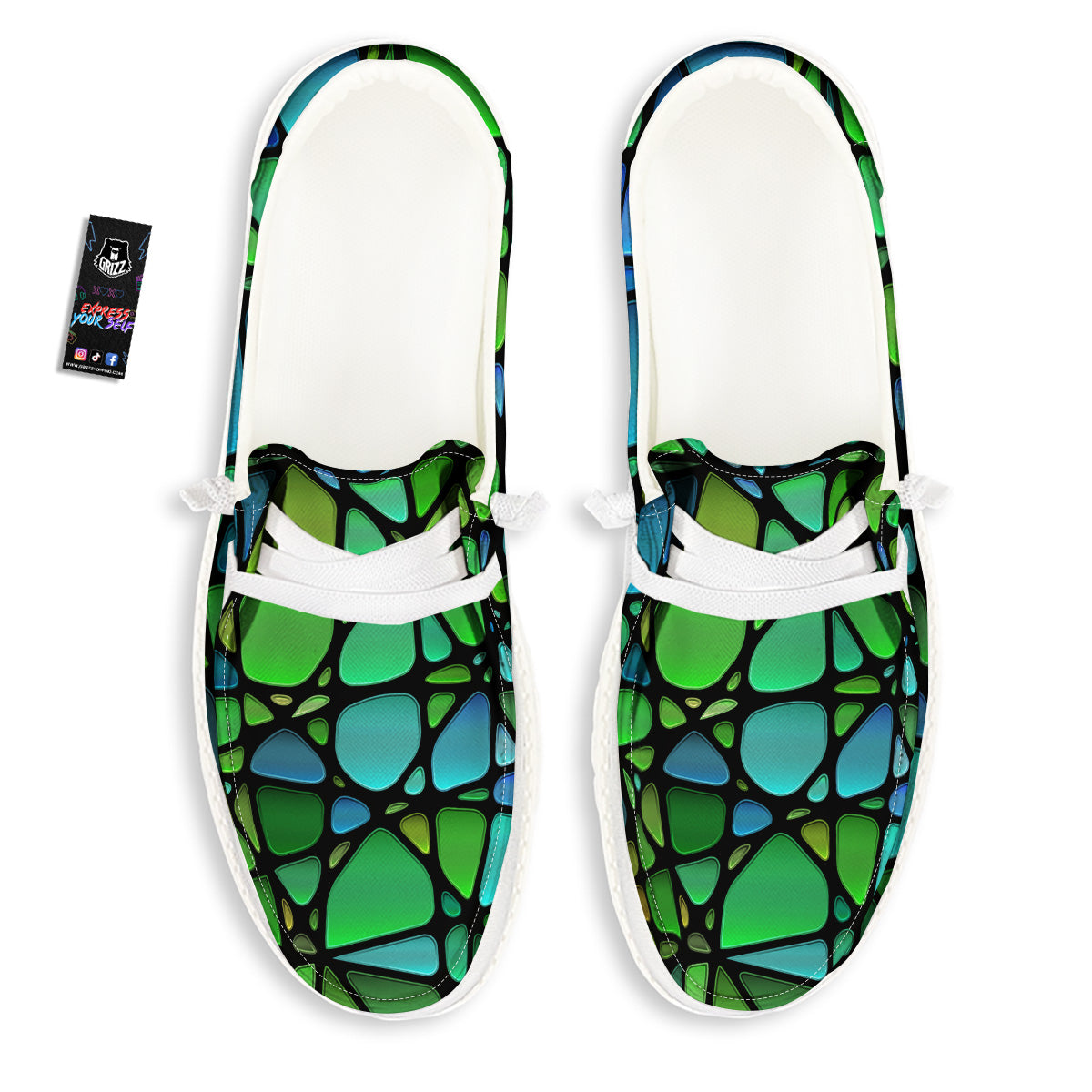 Stained Glass Green And Blue Print White Loafers-grizzshop
