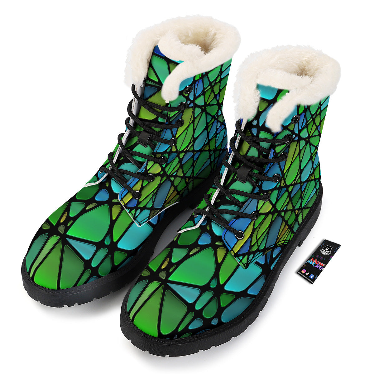 Stained Glass Green And Blue Print Winter Boots-grizzshop