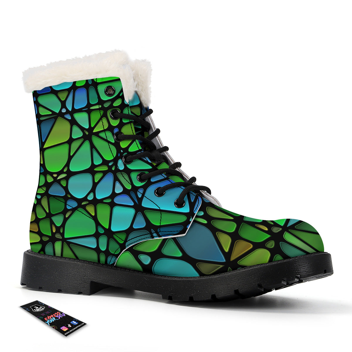 Stained Glass Green And Blue Print Winter Boots-grizzshop