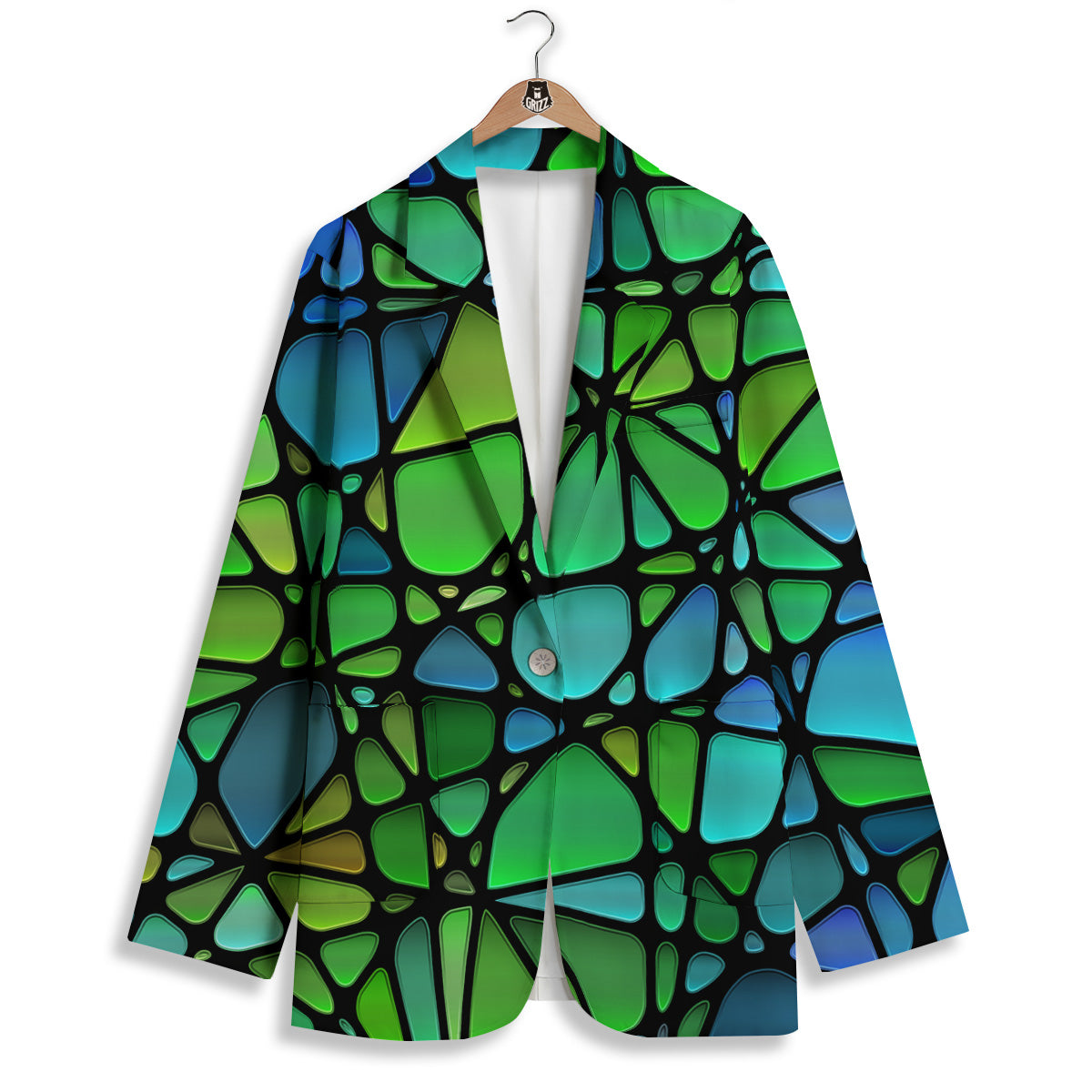 Stained Glass Green And Blue Print Women's Blazer-grizzshop