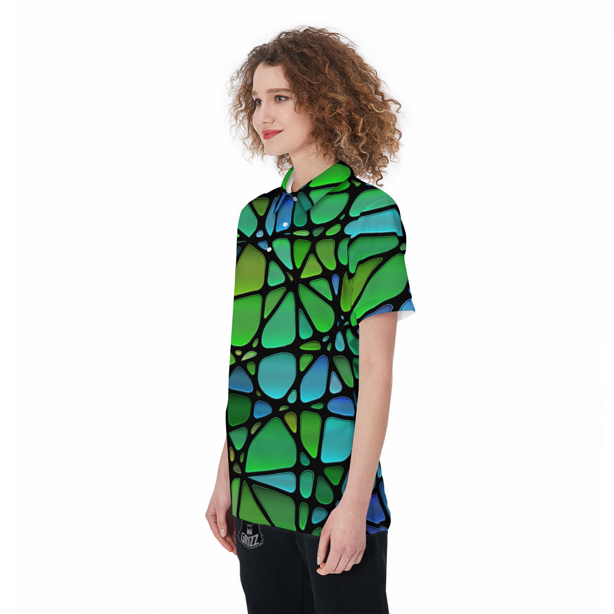 Stained Glass Green And Blue Print Women's Golf Shirts-grizzshop