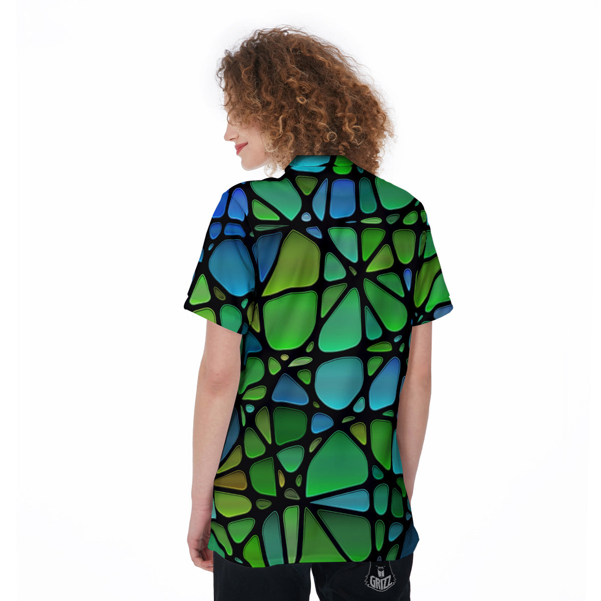 Stained Glass Green And Blue Print Women's Golf Shirts-grizzshop