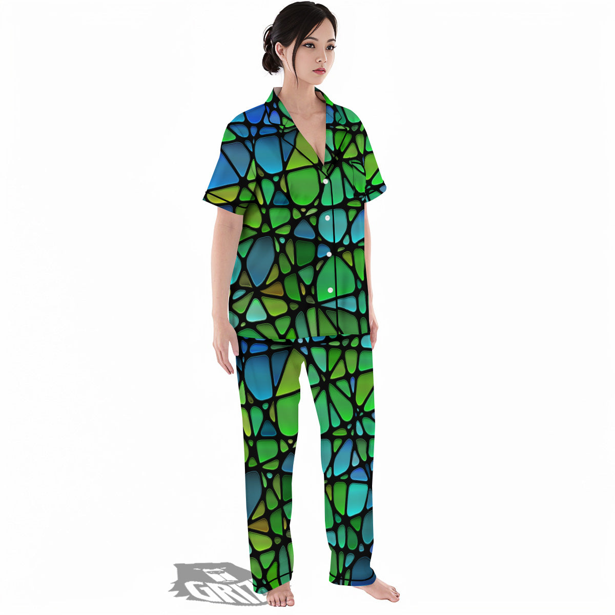 Stained Glass Green And Blue Print Women's Pajamas Set-grizzshop