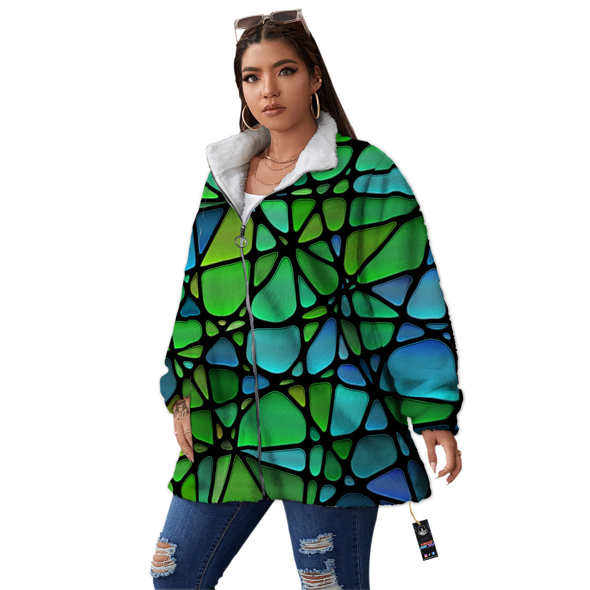 Stained Glass Green And Blue Print Women's Sherpa Jacket-grizzshop