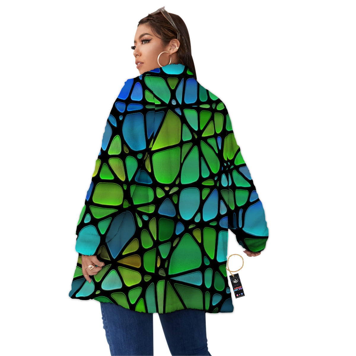 Stained Glass Green And Blue Print Women's Sherpa Jacket-grizzshop