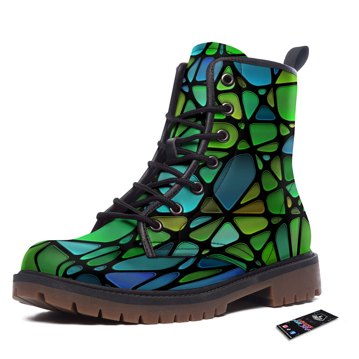Stained Glass Green And Blue Print Work Boots-grizzshop