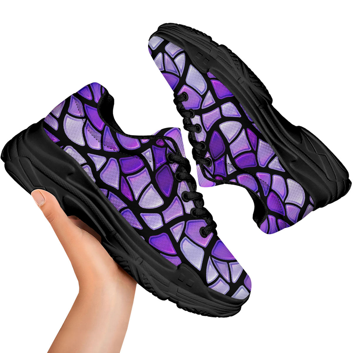 Stained Glass Mosaic Purple Print Black Chunky Shoes-grizzshop
