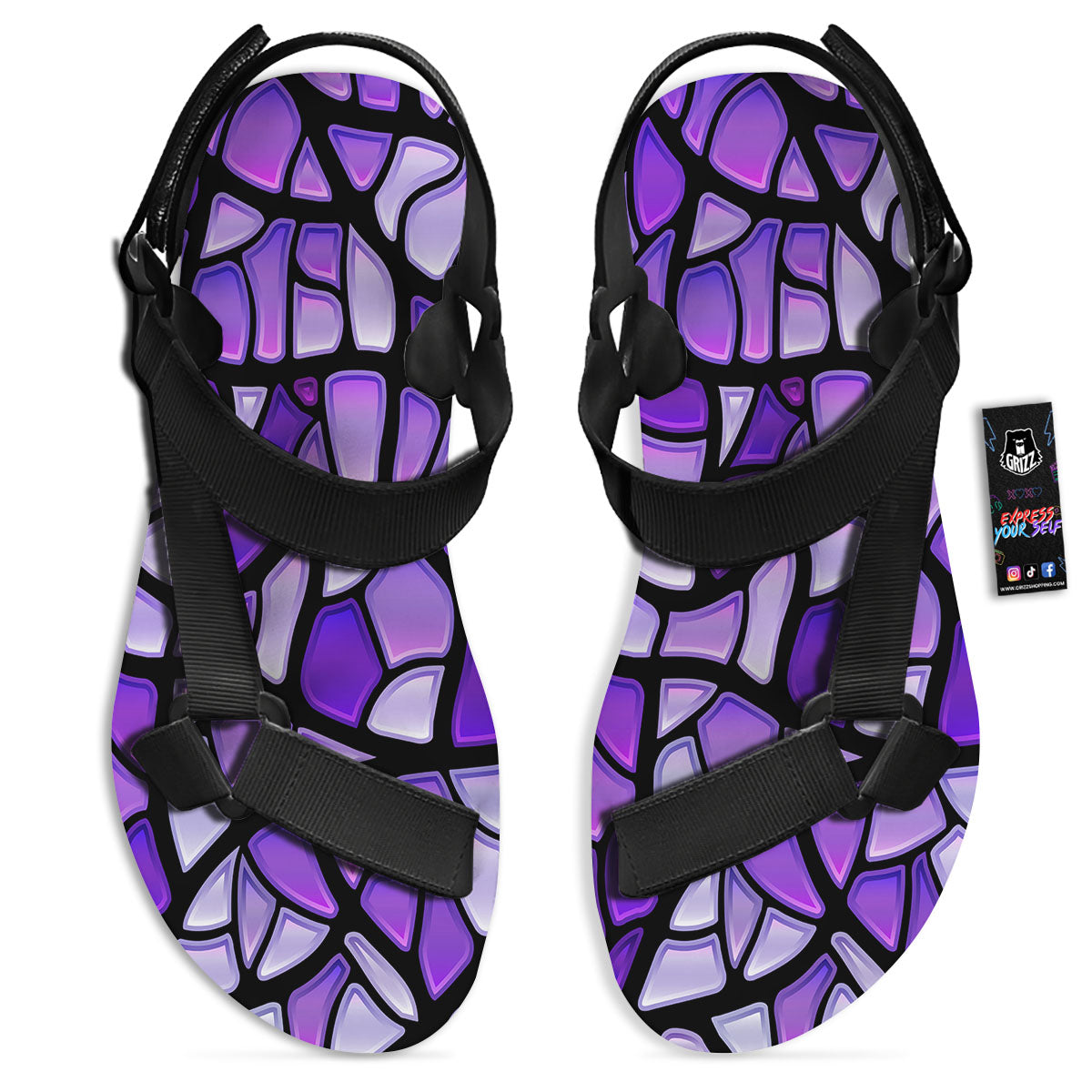 Stained Glass Mosaic Purple Print Black Open Toe Sandals-grizzshop