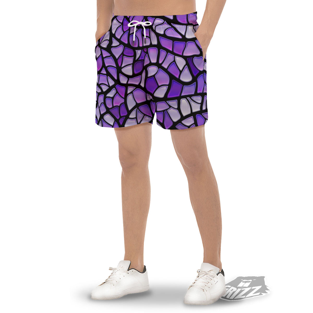 Stained Glass Mosaic Purple Print Men's Gym Shorts-grizzshop