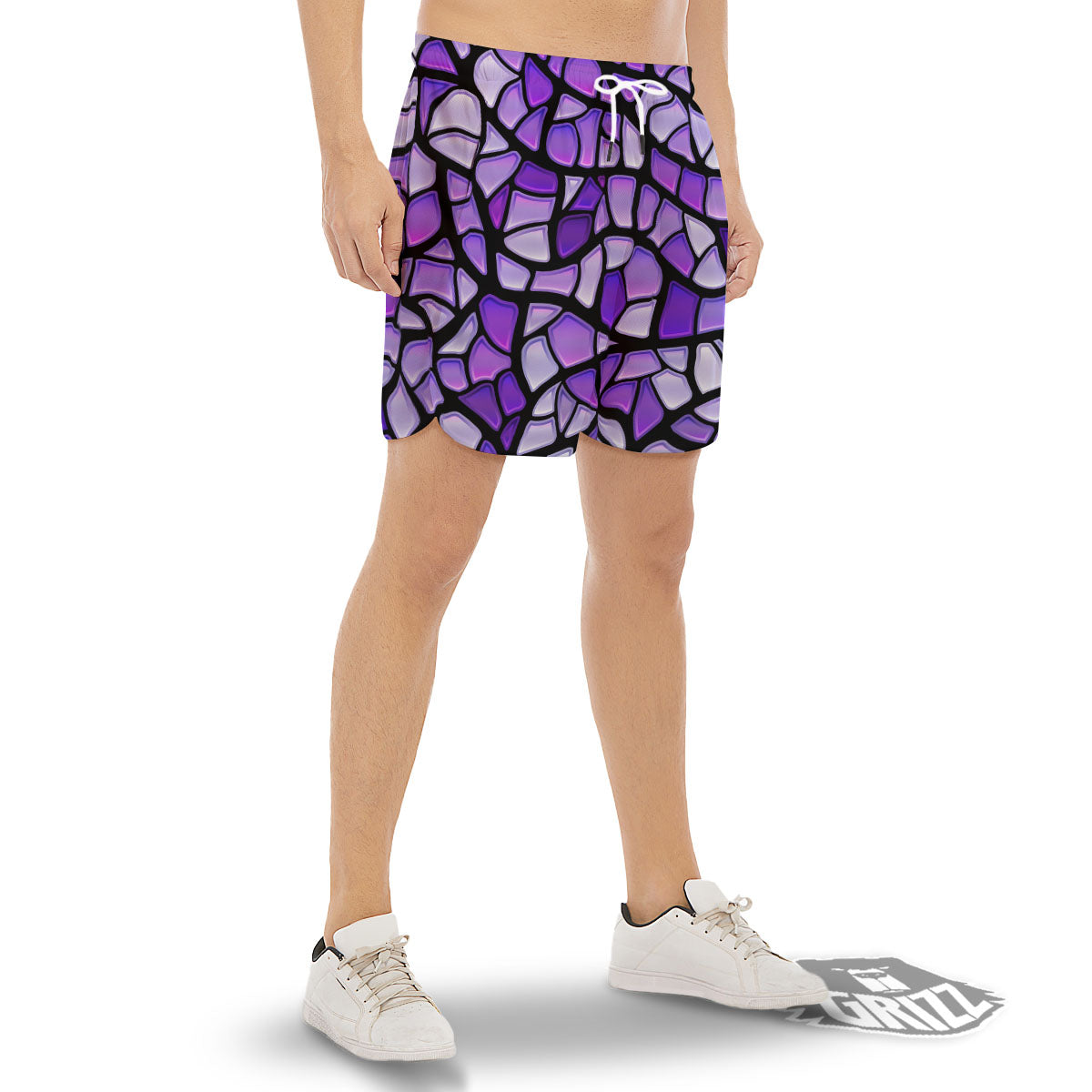 Stained Glass Mosaic Purple Print Men's Gym Shorts-grizzshop