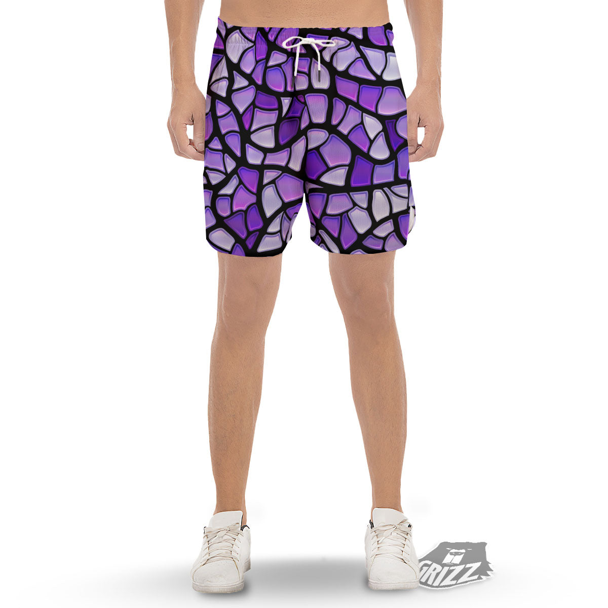 Stained Glass Mosaic Purple Print Men's Gym Shorts-grizzshop