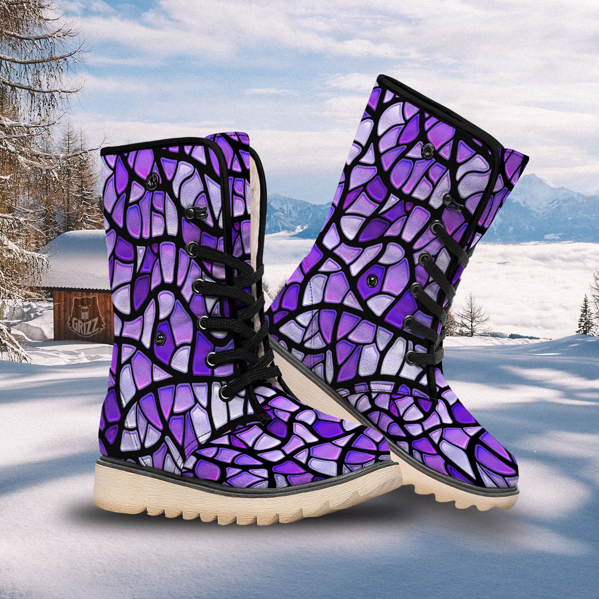 Stained Glass Mosaic Purple Print Snow Boots-grizzshop