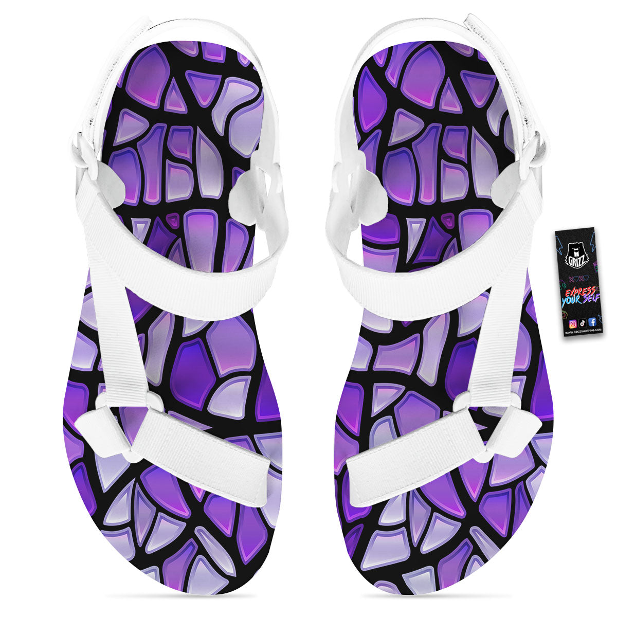 Stained Glass Mosaic Purple Print White Open Toe Sandals-grizzshop