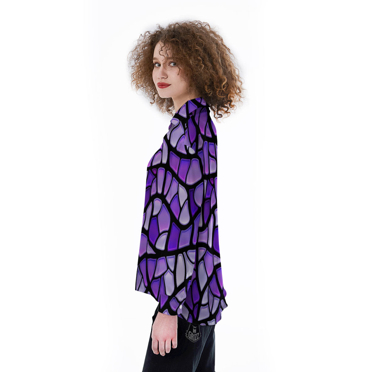 Stained Glass Mosaic Purple Print Women's Long Sleeve Shirts-grizzshop