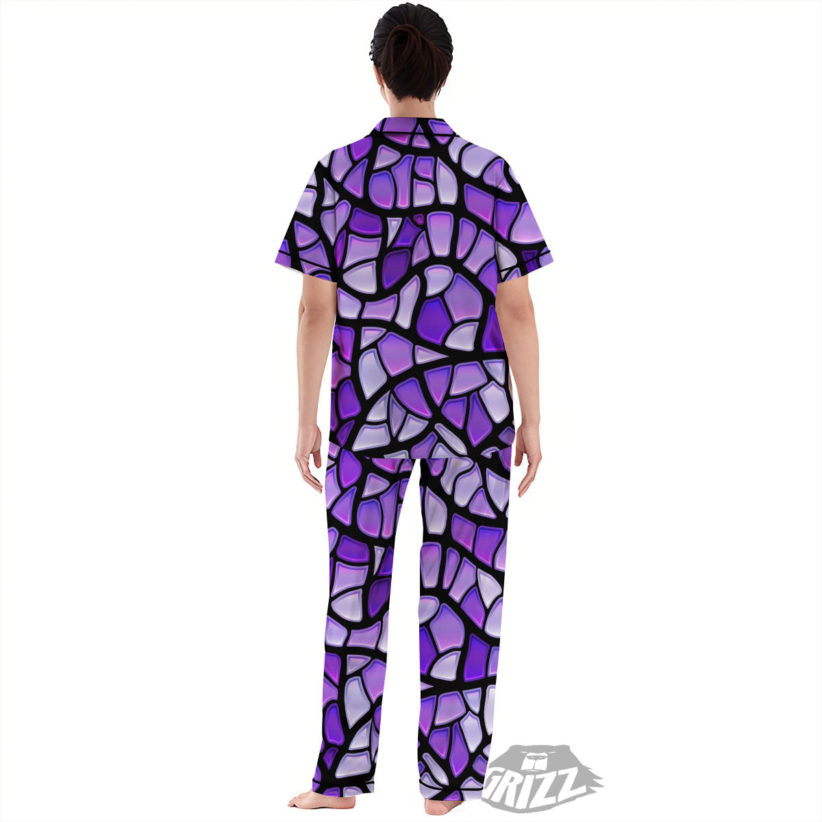 Stained Glass Mosaic Purple Print Women's Pajamas Set-grizzshop