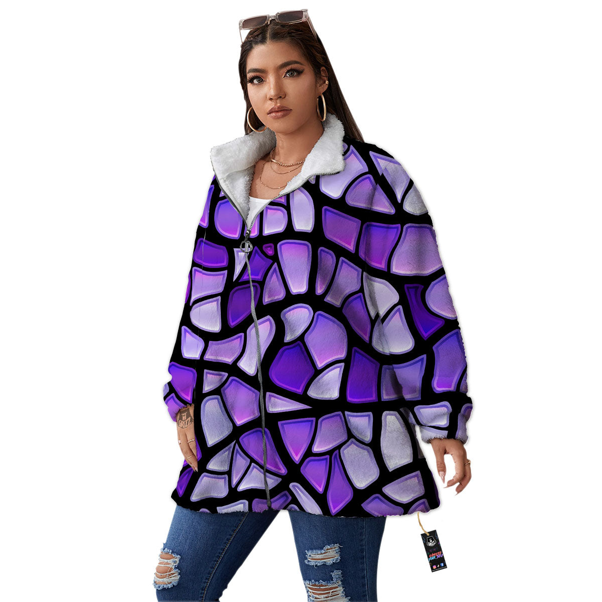 Stained Glass Mosaic Purple Print Women's Sherpa Jacket-grizzshop