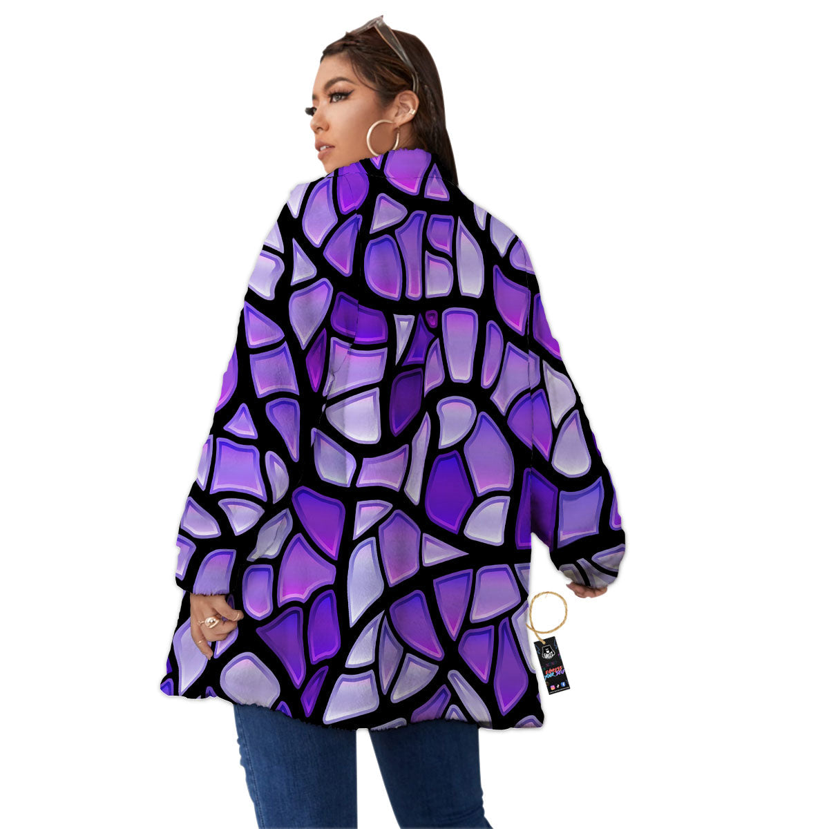 Stained Glass Mosaic Purple Print Women's Sherpa Jacket-grizzshop