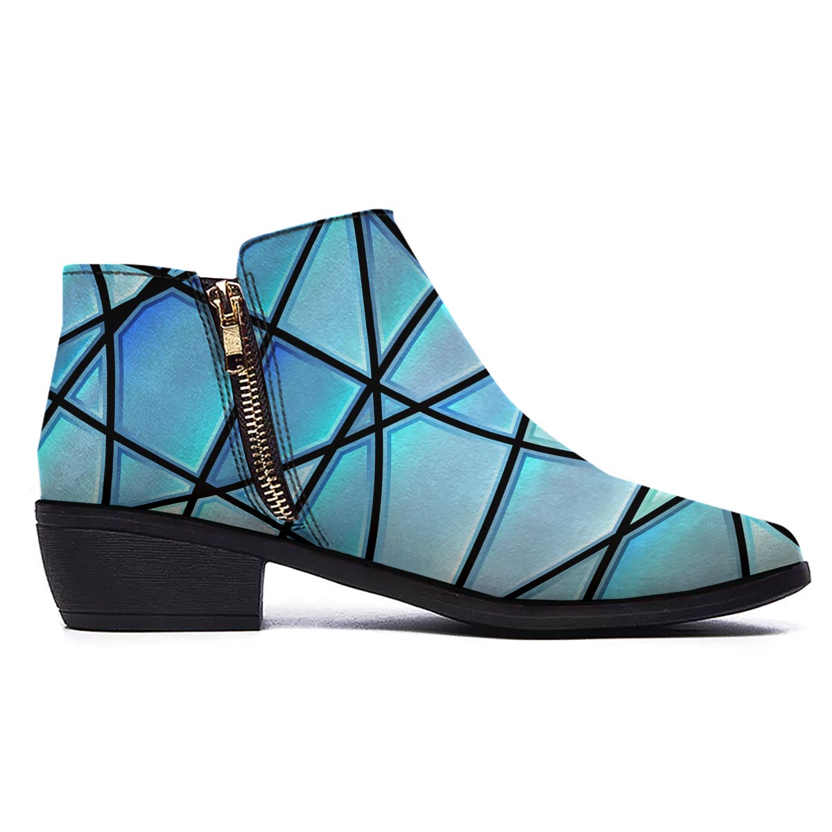 Stained Glass Mosaic Teal Print Ankle Boots-grizzshop