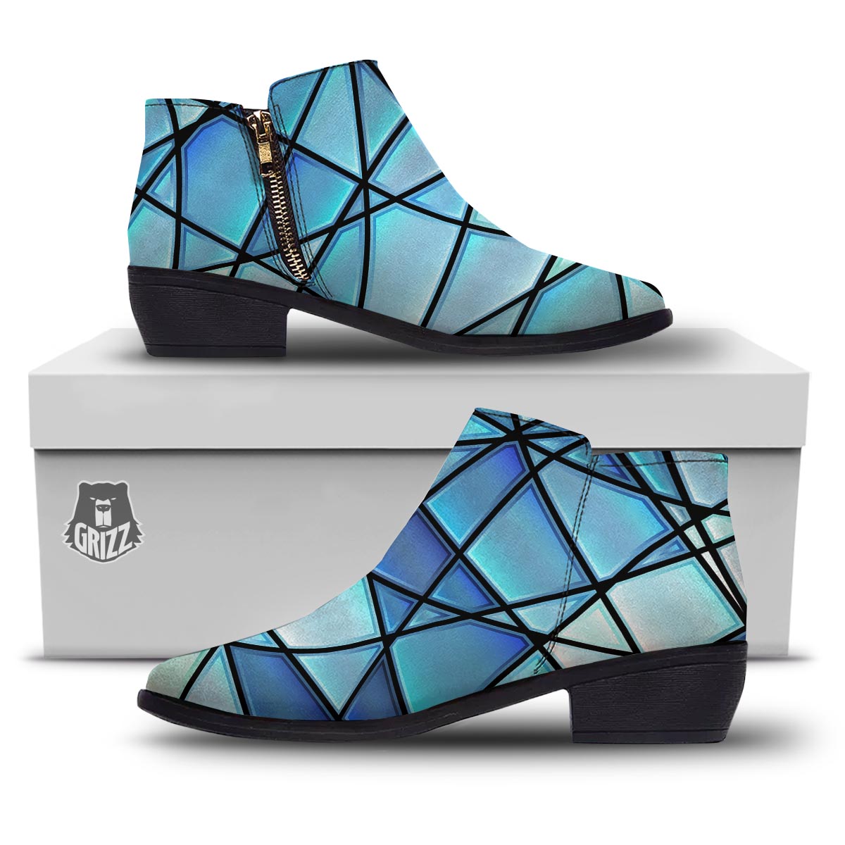 Stained Glass Mosaic Teal Print Ankle Boots-grizzshop