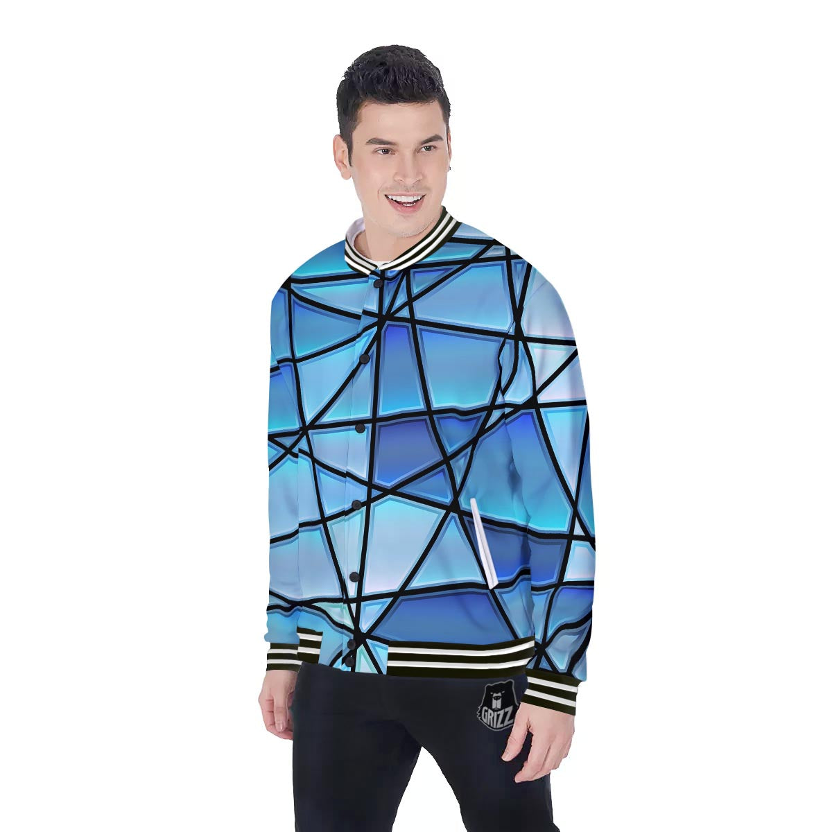 Stained Glass Mosaic Teal Print Baseball Jacket-grizzshop
