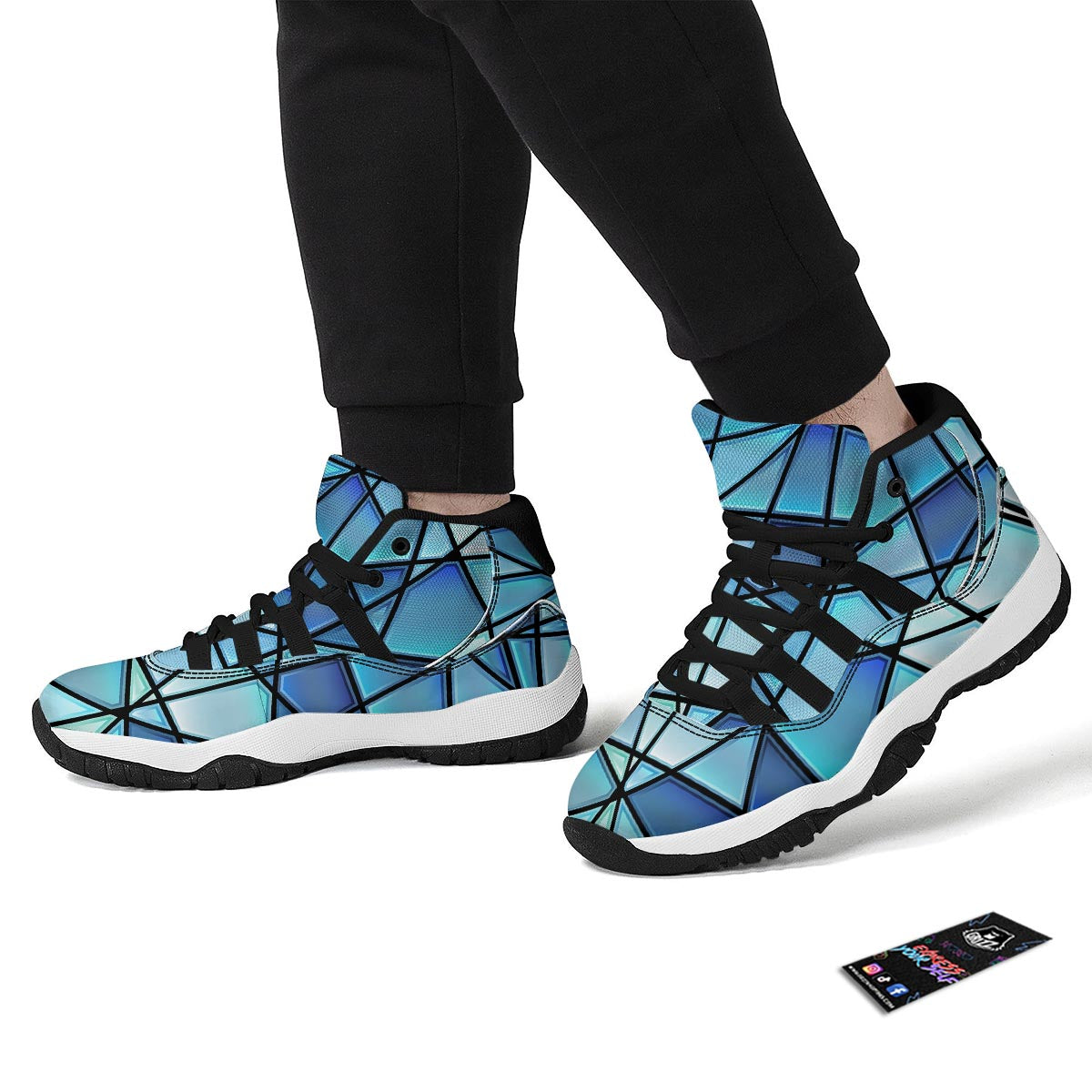 Stained Glass Mosaic Teal Print Black Bball Shoes-grizzshop