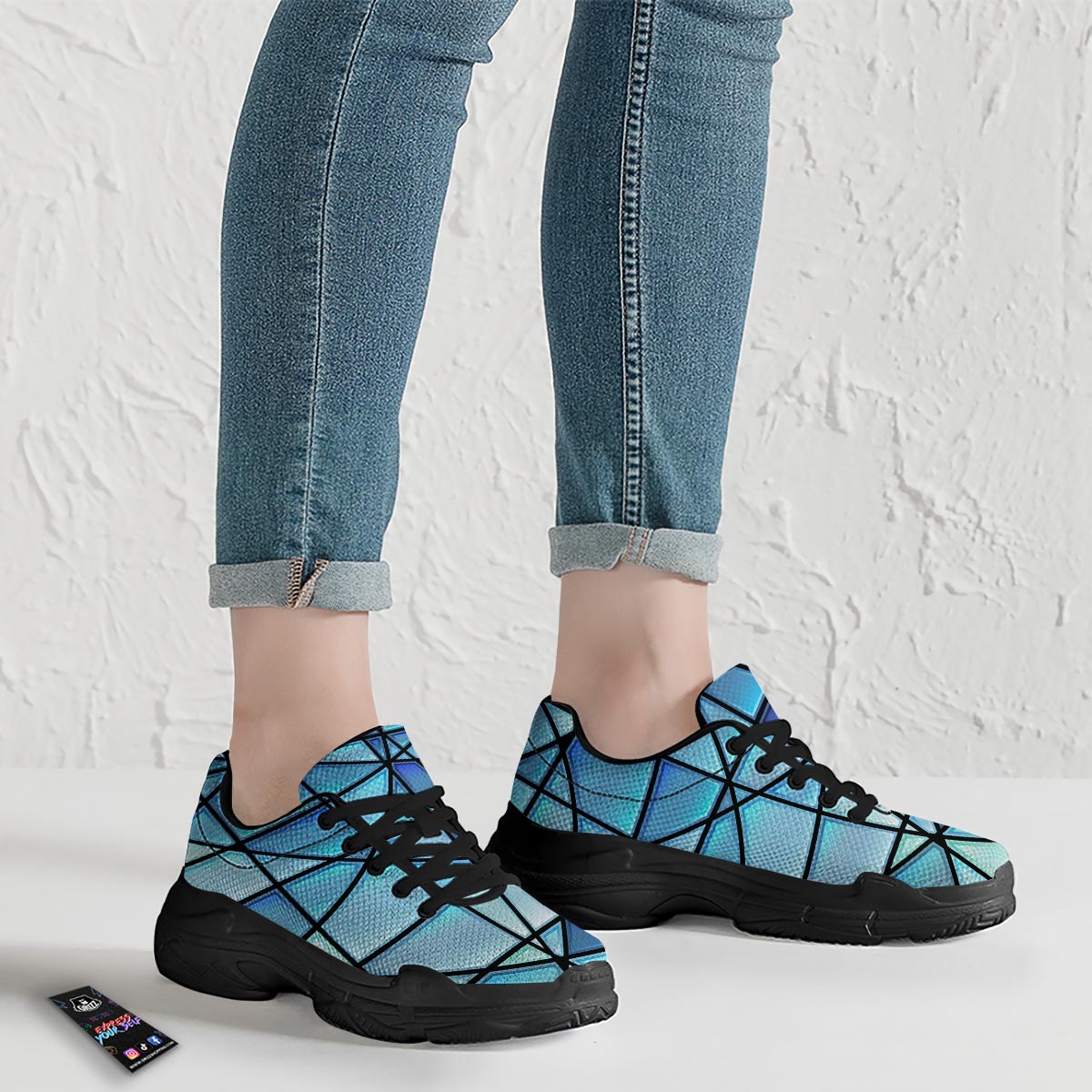 Stained Glass Mosaic Teal Print Black Chunky Shoes-grizzshop
