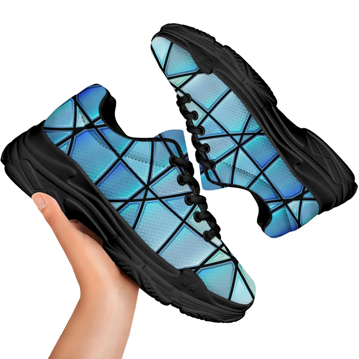 Stained Glass Mosaic Teal Print Black Chunky Shoes-grizzshop