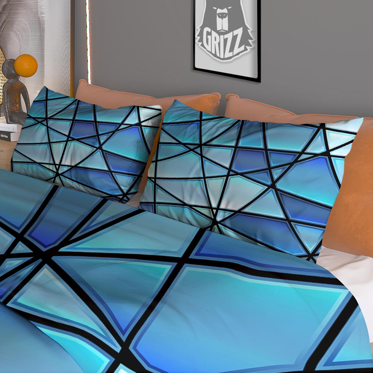 Stained Glass Mosaic Teal Print Duvet Cover Bedding Set