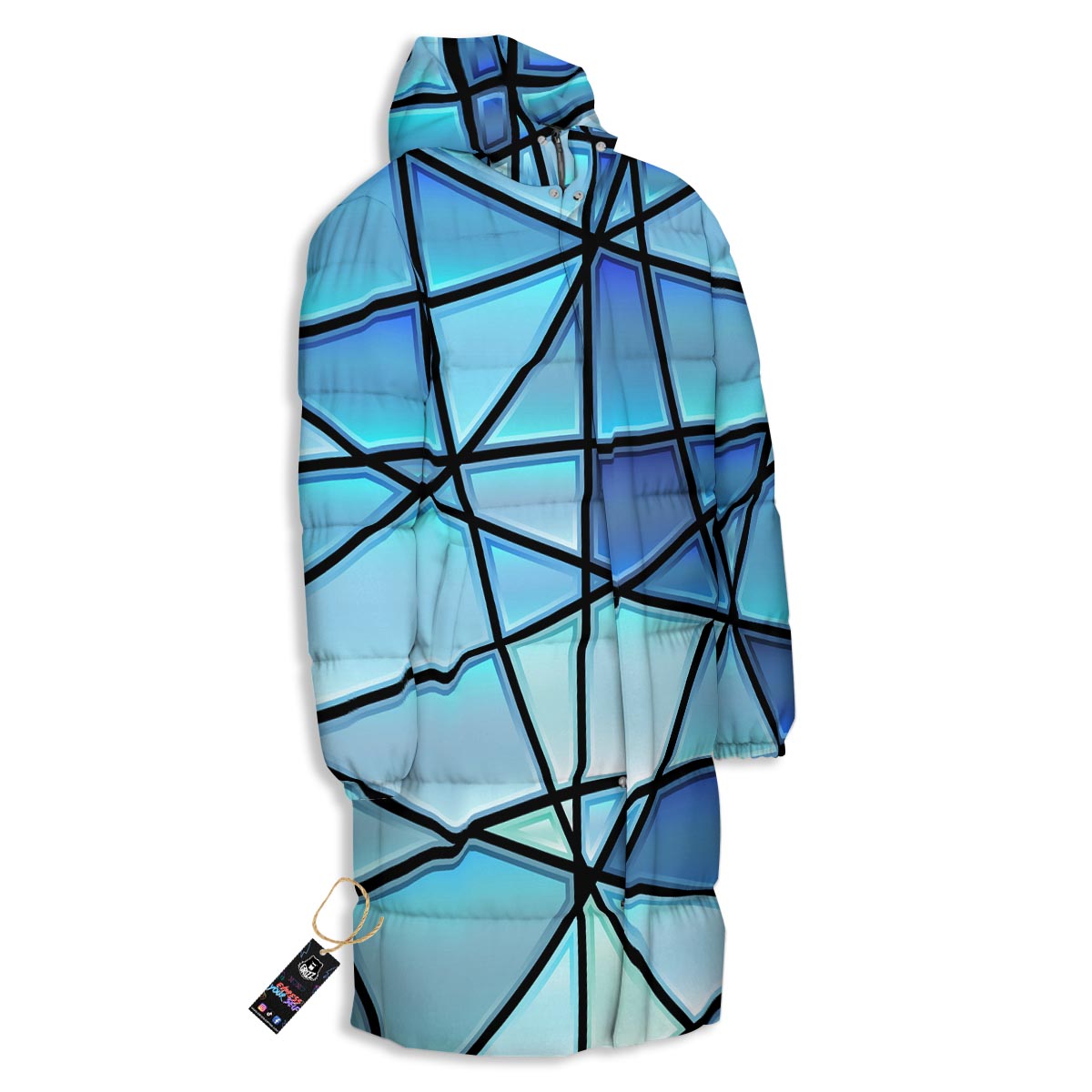 Stained Glass Mosaic Teal Print Long Down Jacket-grizzshop