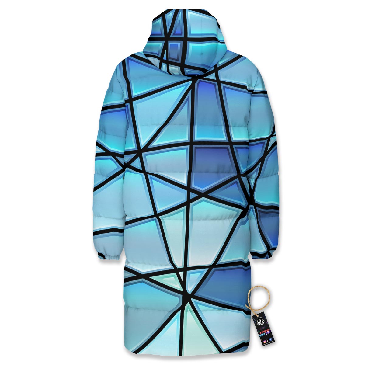 Stained Glass Mosaic Teal Print Long Down Jacket-grizzshop
