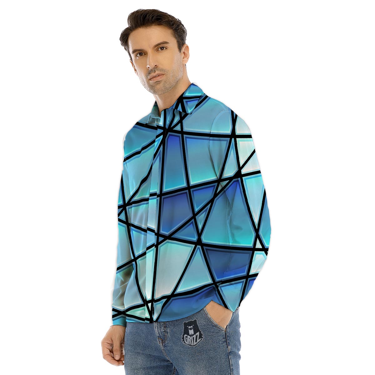 Stained Glass Mosaic Teal Print Men's Dress Shirts-grizzshop