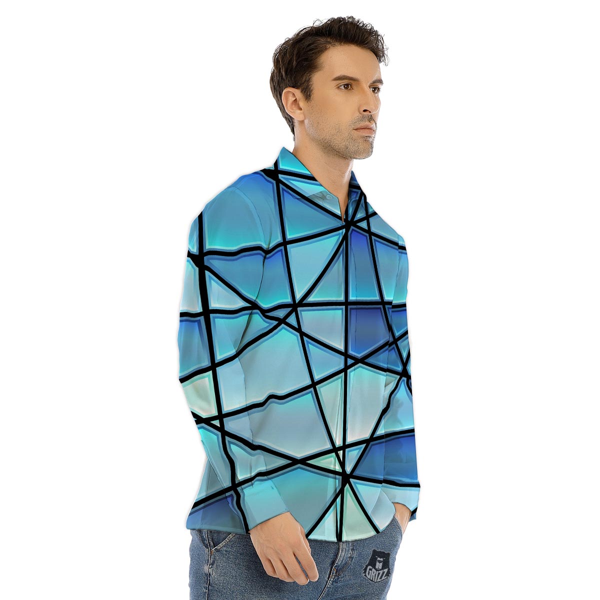 Stained Glass Mosaic Teal Print Men's Dress Shirts-grizzshop
