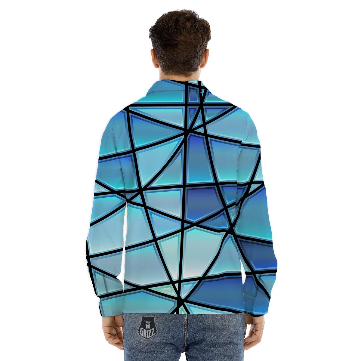 Stained Glass Mosaic Teal Print Men's Dress Shirts-grizzshop
