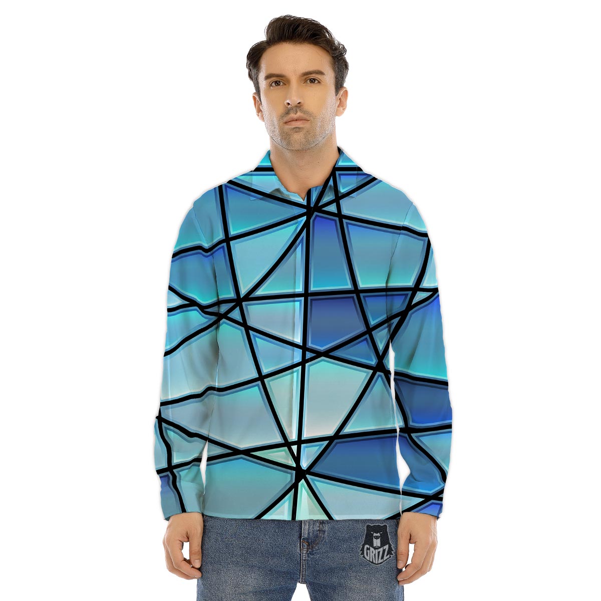 Stained Glass Mosaic Teal Print Men's Dress Shirts-grizzshop