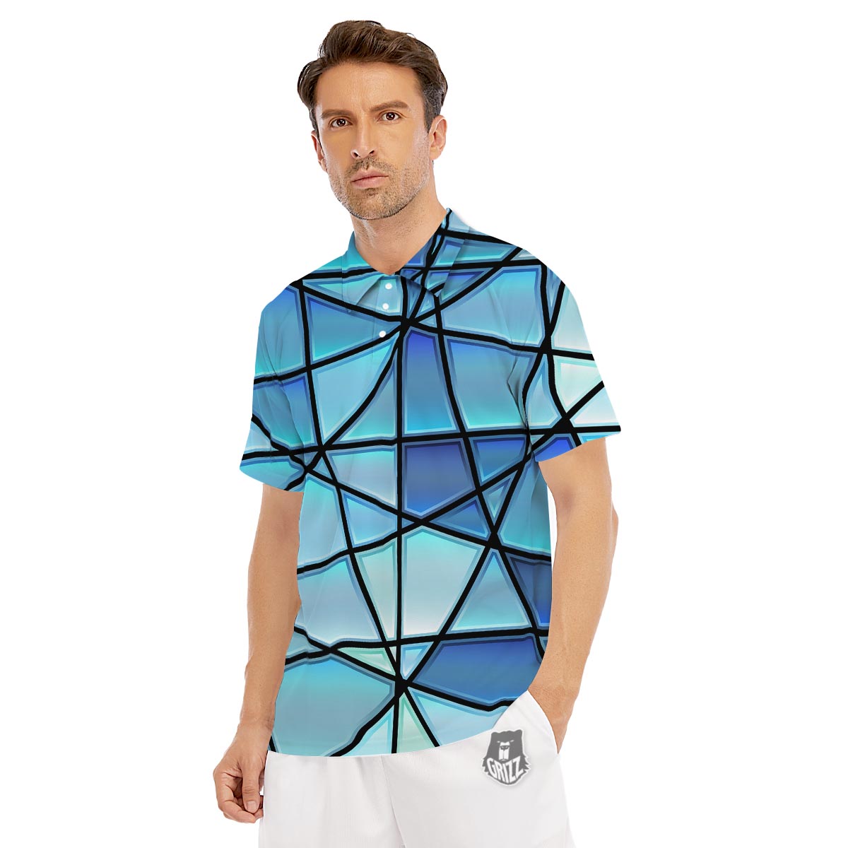 Stained Glass Mosaic Teal Print Men's Golf Shirts-grizzshop