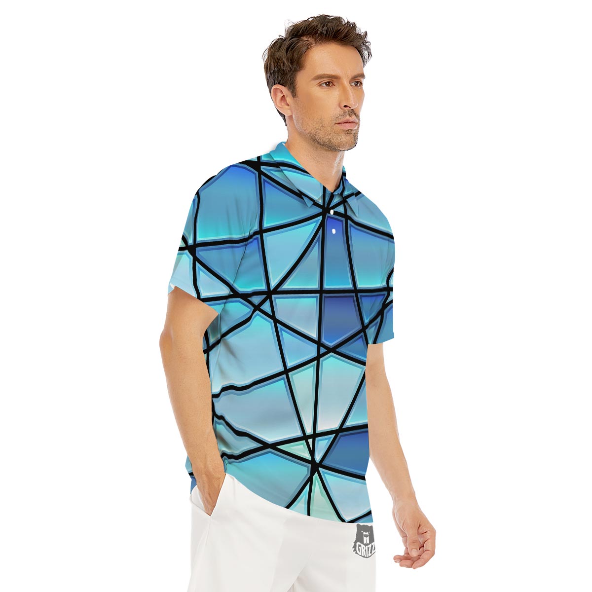 Stained Glass Mosaic Teal Print Men's Golf Shirts-grizzshop