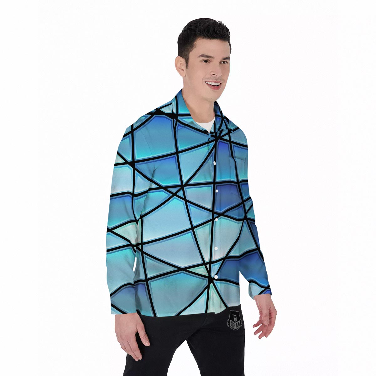 Stained Glass Mosaic Teal Print Men's Long Sleeve Shirts-grizzshop