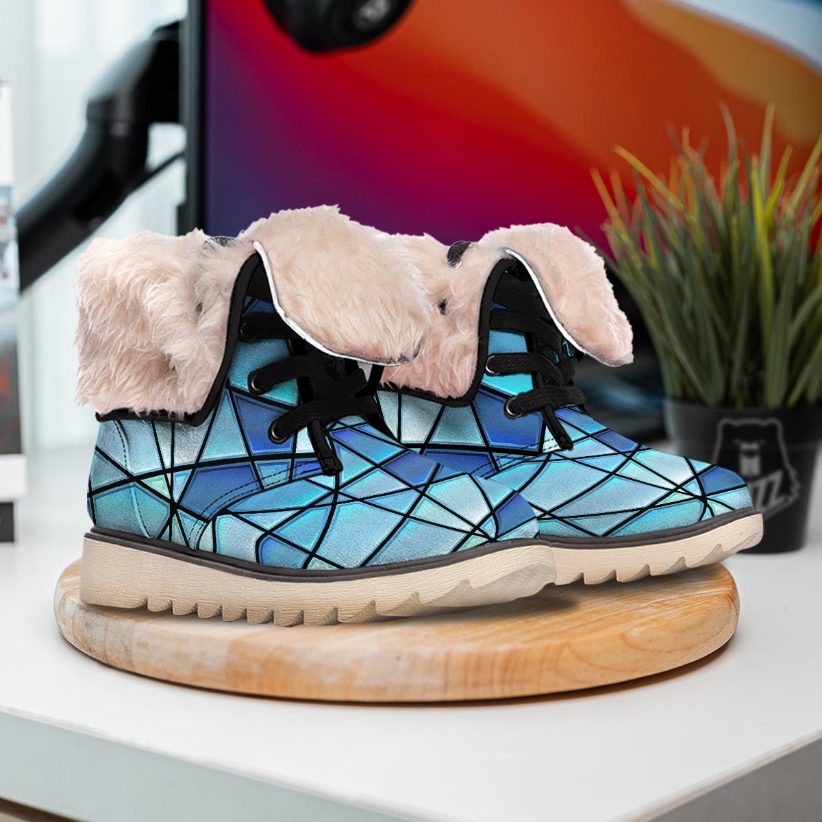 Stained Glass Mosaic Teal Print Snow Boots-grizzshop