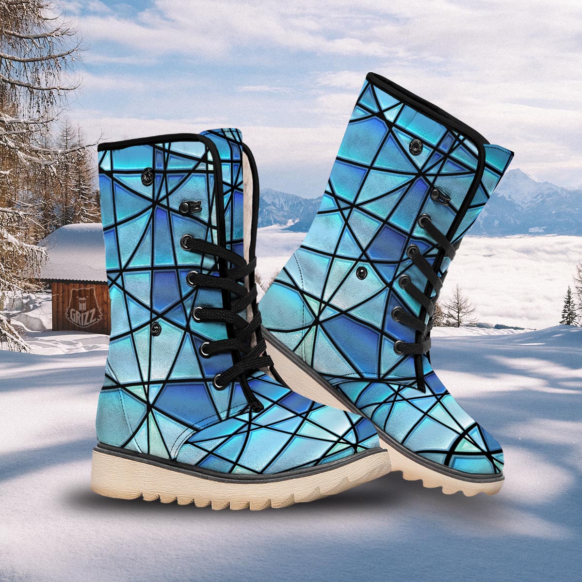 Stained Glass Mosaic Teal Print Snow Boots-grizzshop