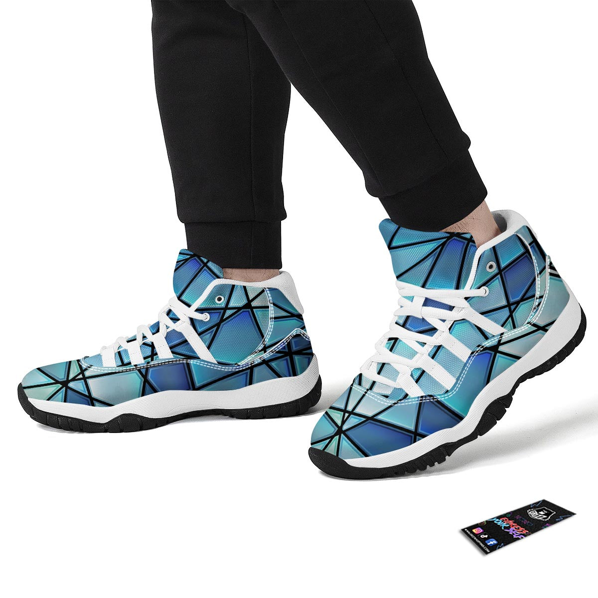 Stained Glass Mosaic Teal Print White Bball Shoes-grizzshop