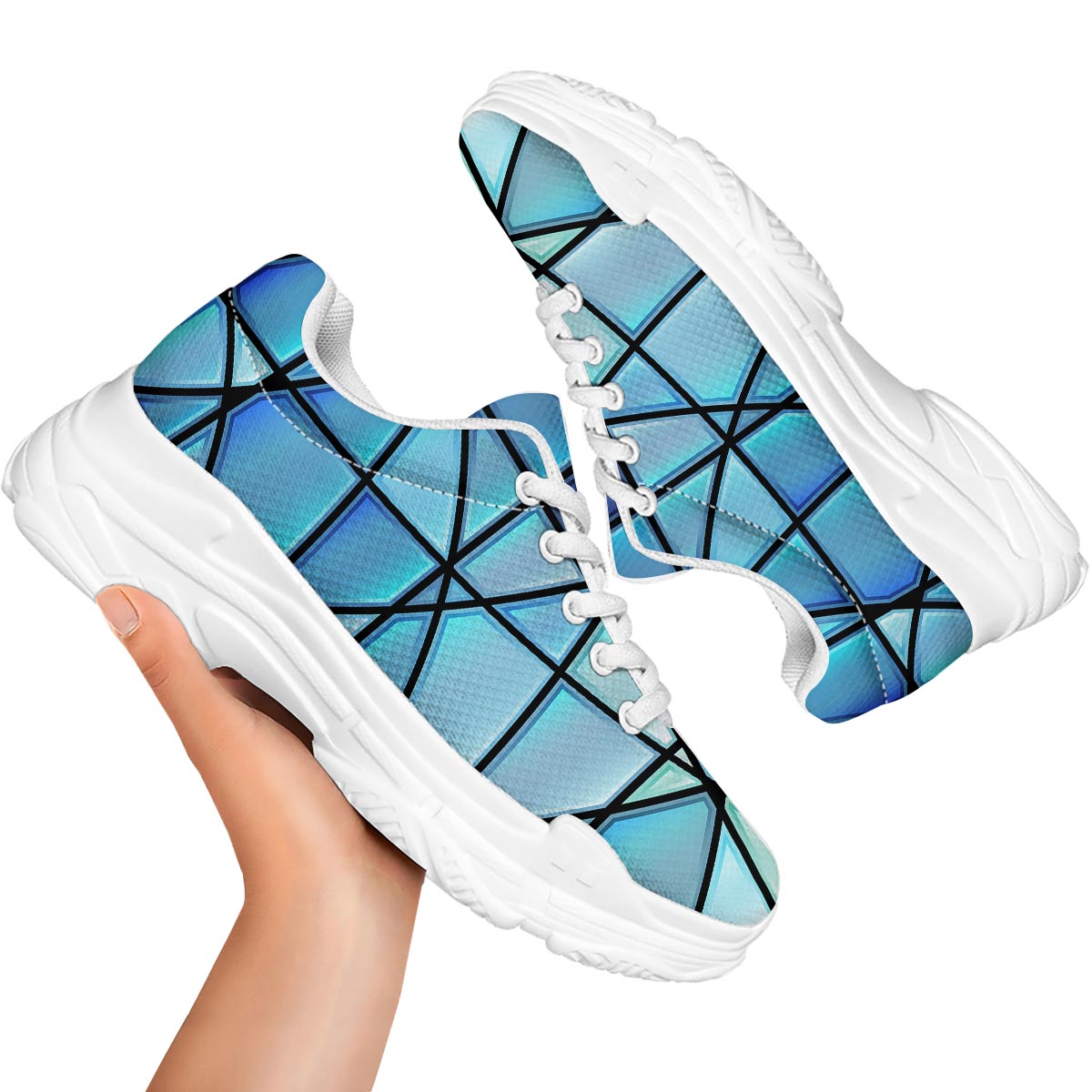 Stained Glass Mosaic Teal Print White Chunky Shoes-grizzshop