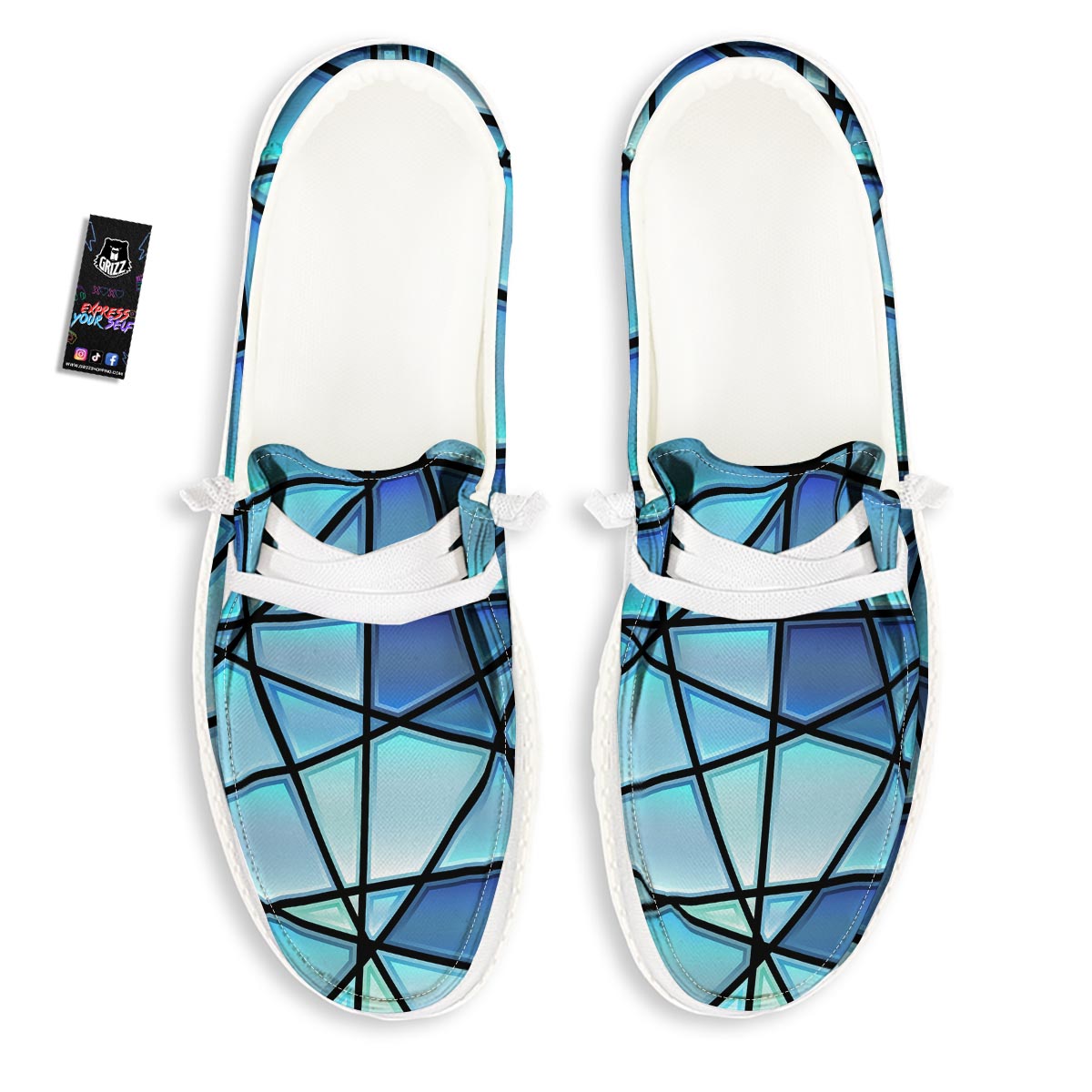 Stained Glass Mosaic Teal Print White Loafers-grizzshop