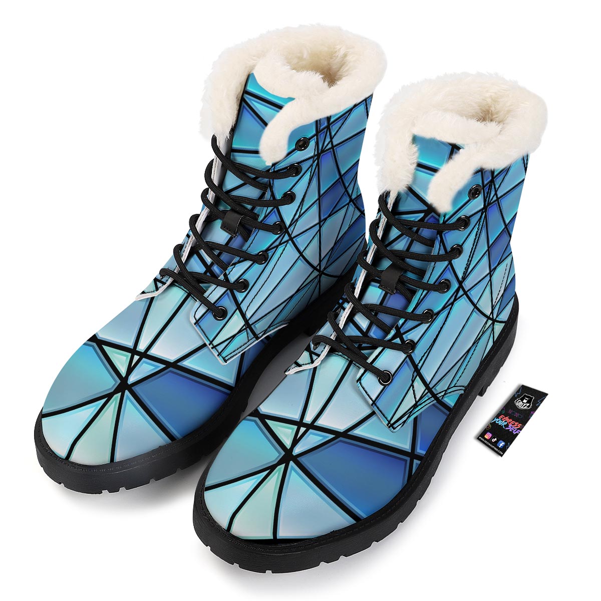Stained Glass Mosaic Teal Print Winter Boots-grizzshop