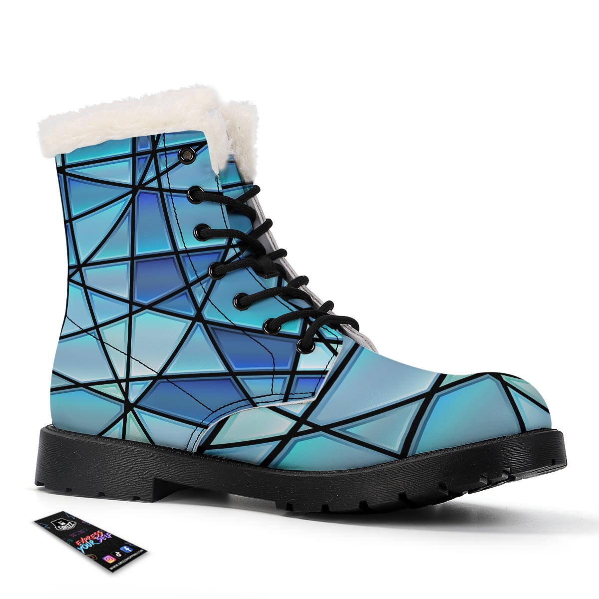 Stained Glass Mosaic Teal Print Winter Boots-grizzshop