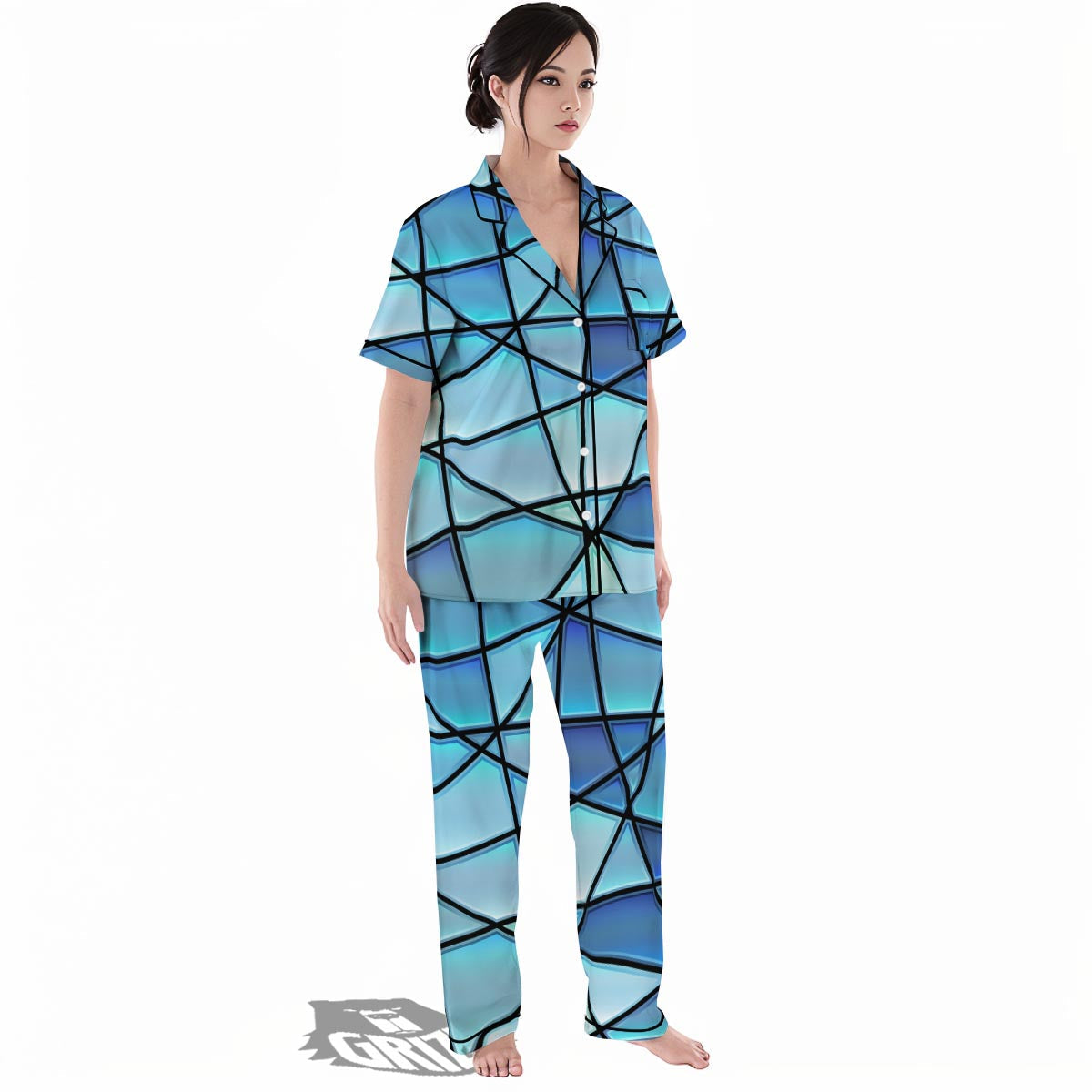 Stained Glass Mosaic Teal Print Women's Pajamas Set-grizzshop