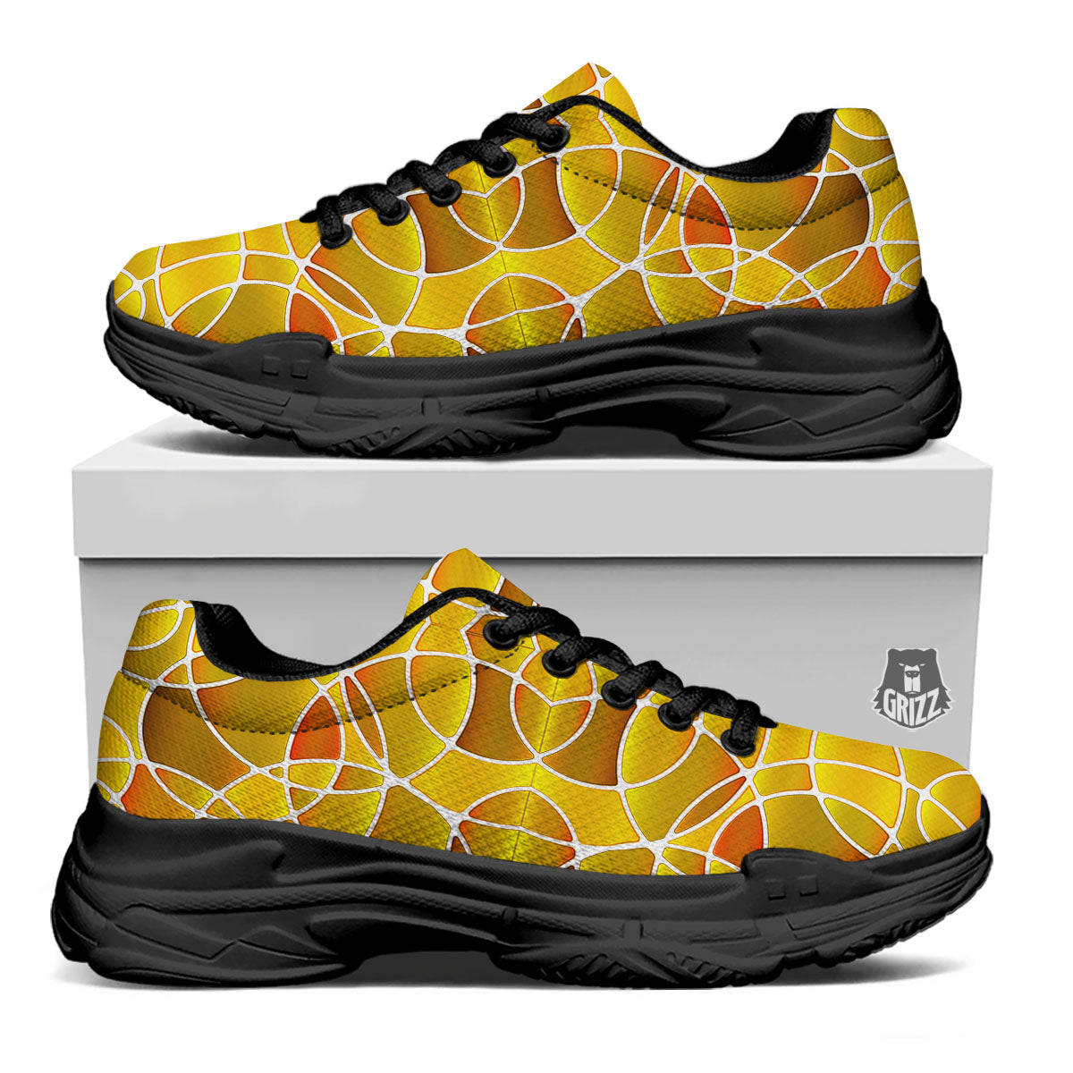 Stained Glass Mosaic Yellow Print Pattern Black Chunky Shoes-grizzshop