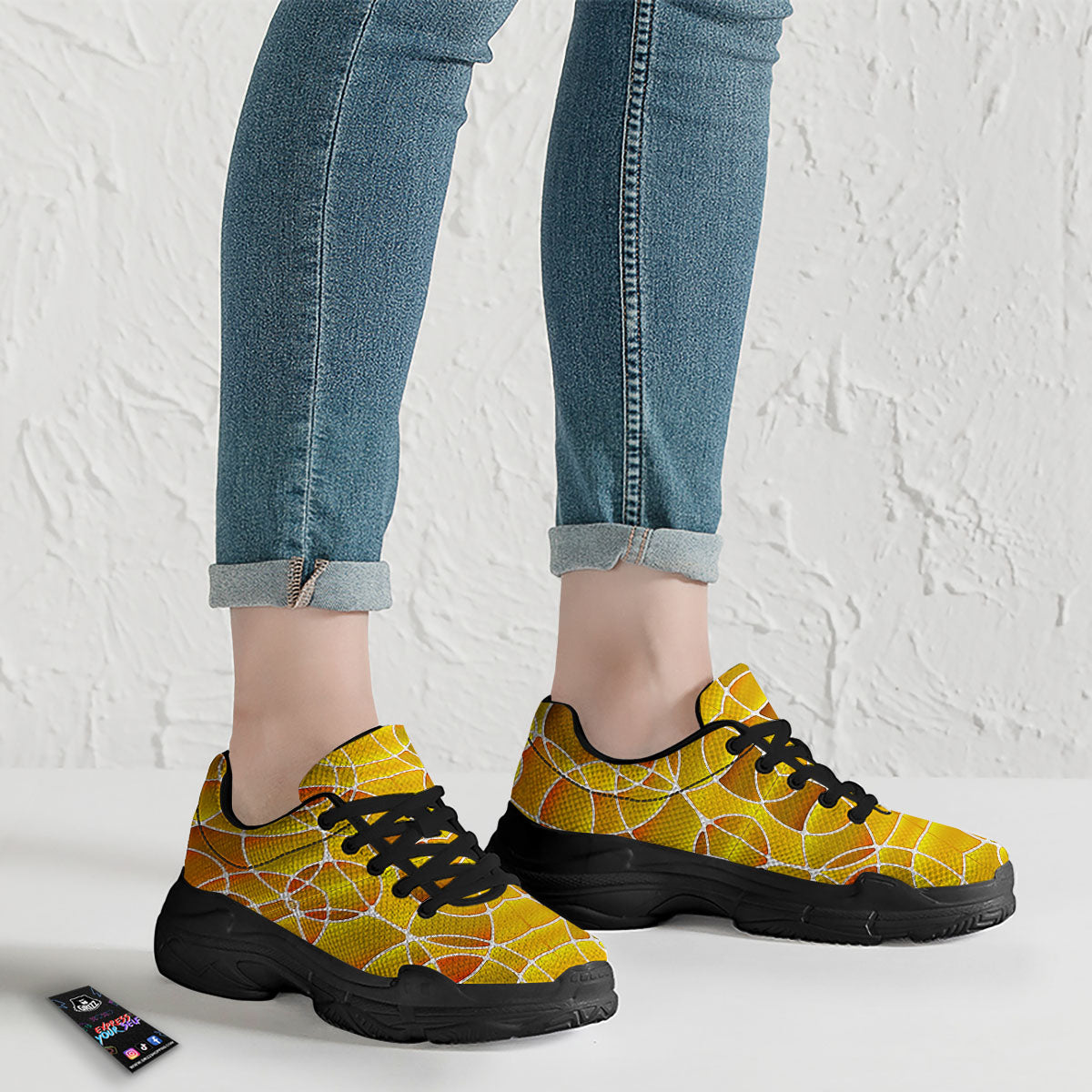 Stained Glass Mosaic Yellow Print Pattern Black Chunky Shoes-grizzshop