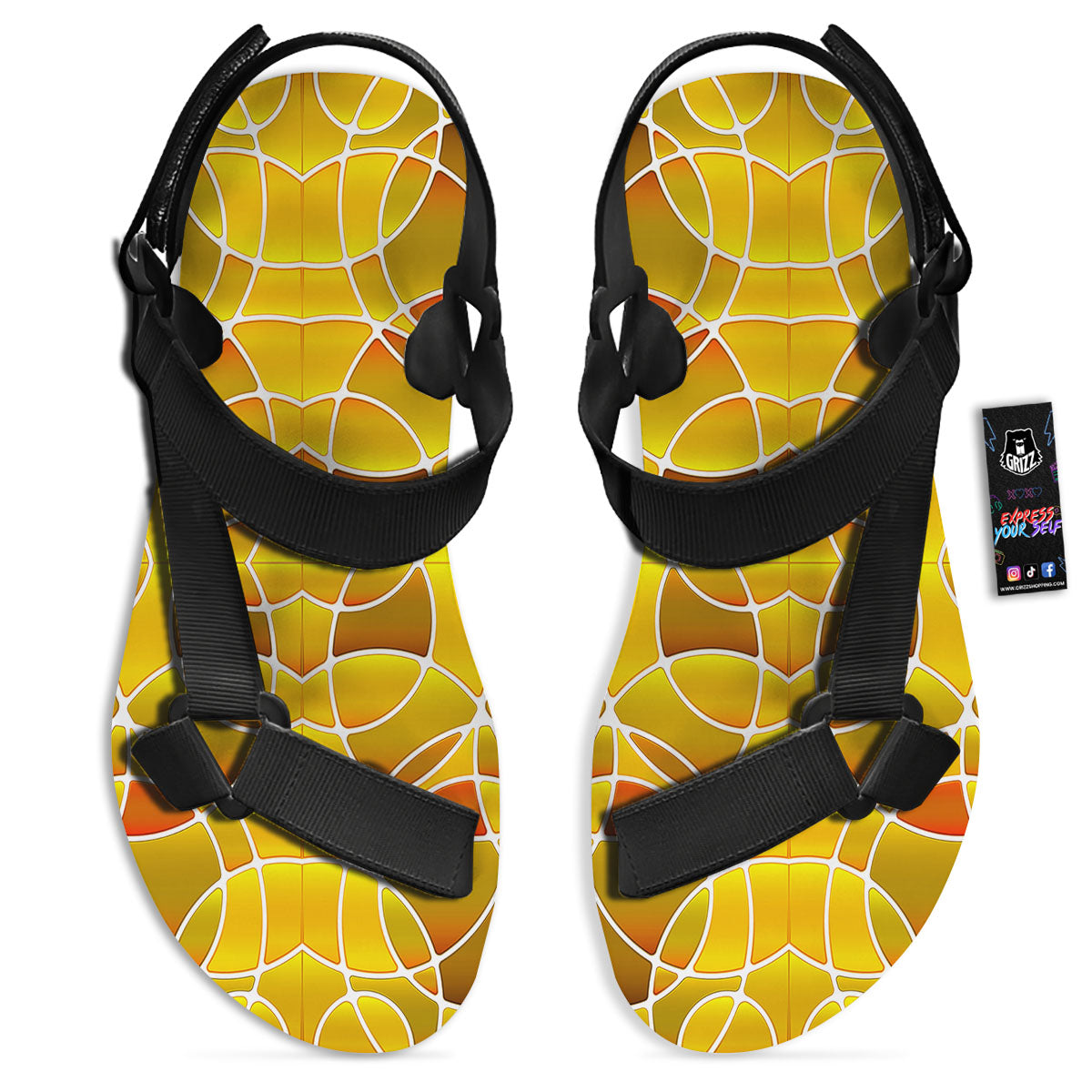 Stained Glass Mosaic Yellow Print Pattern Black Open Toe Sandals-grizzshop