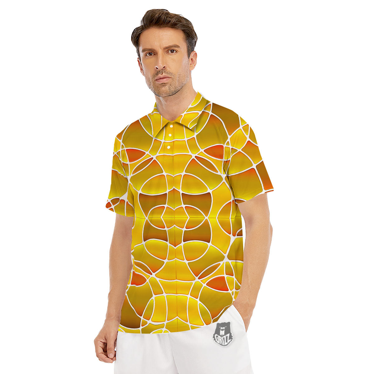 Stained Glass Mosaic Yellow Print Pattern Men's Golf Shirts-grizzshop
