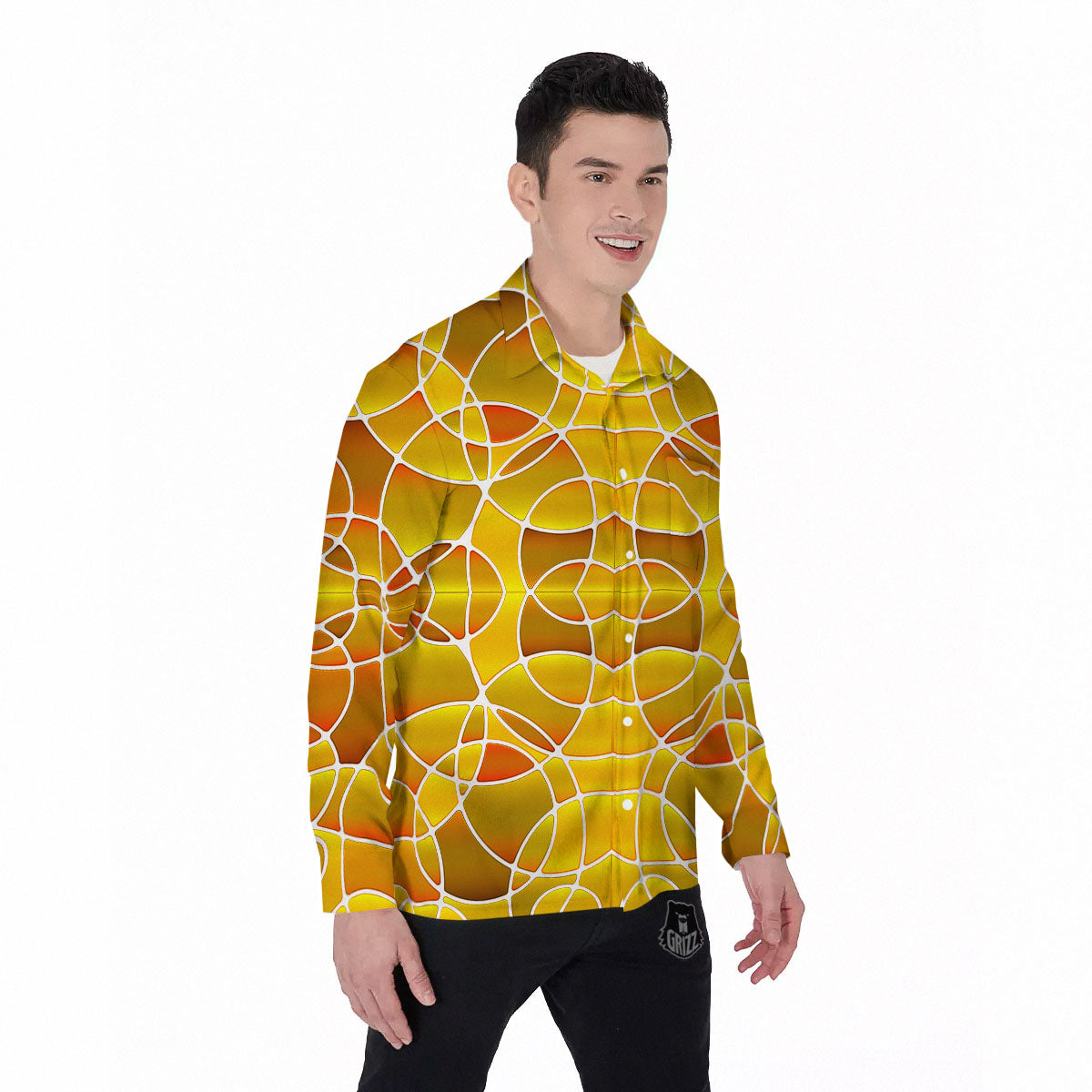 Stained Glass Mosaic Yellow Print Pattern Men's Long Sleeve Shirts-grizzshop